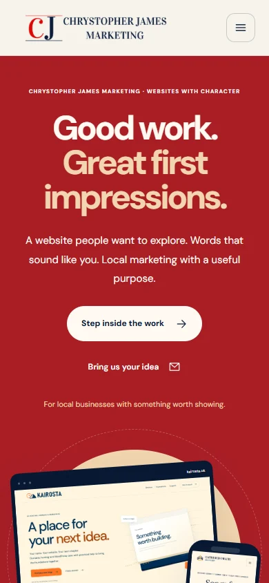 Chrystopher James Marketing website on a phone